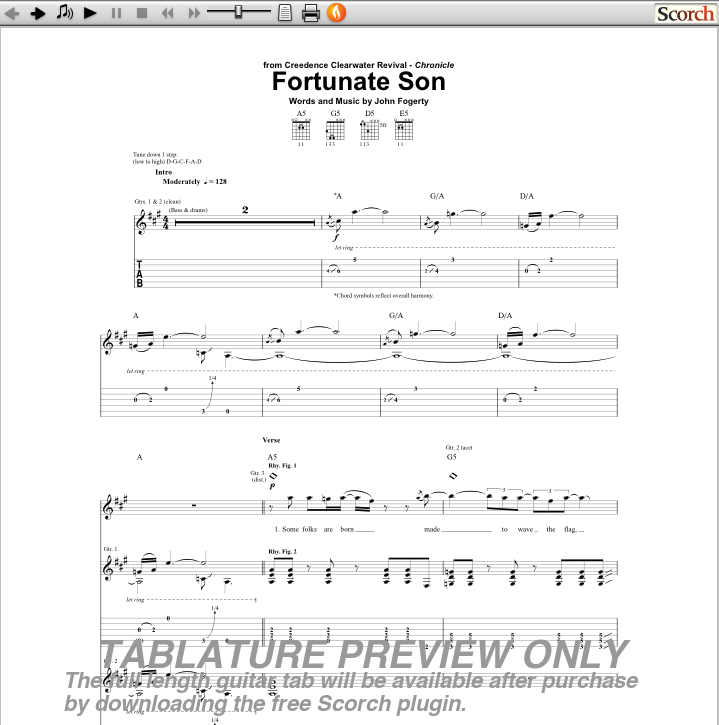 fortunate son itab transpose to key of e