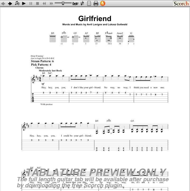 Avril Lavigne Guitar Chords. Girlfriend Guitar Tab Preview