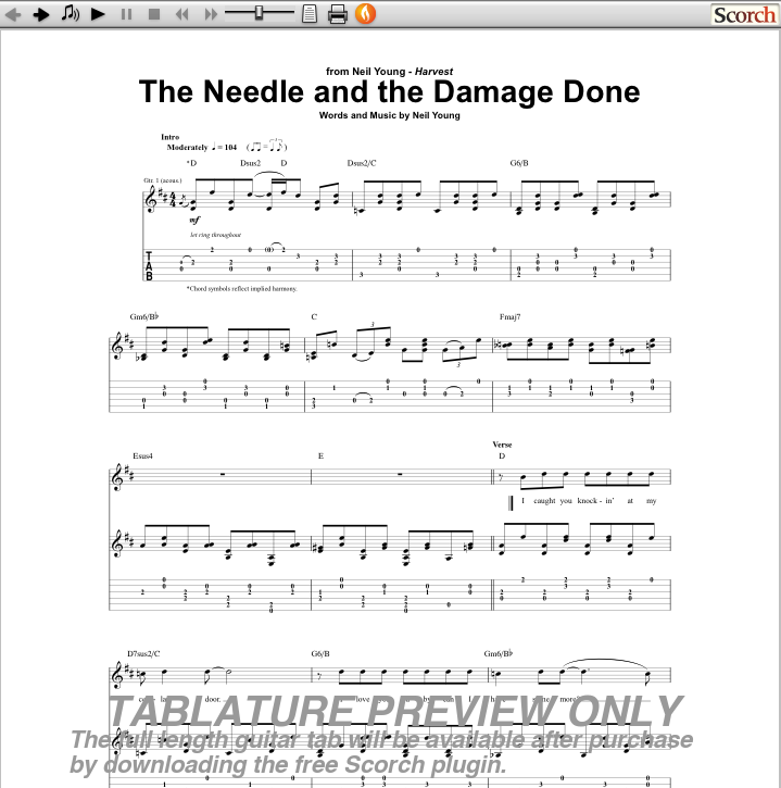of the guitar tab for The Needle And The Damage Done by Neil Young