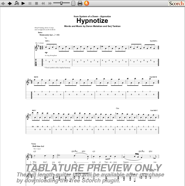 Hypnotize Guitar Tab Preview